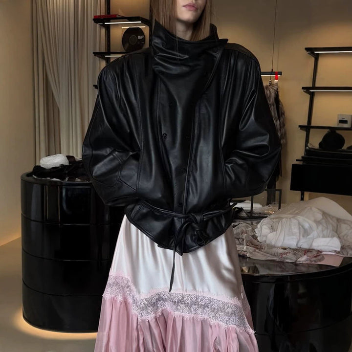 Damen Oversize-Kunstleder-Bomberjacke mit hohem Stehkragen und Taillengürtel Echoarchiv