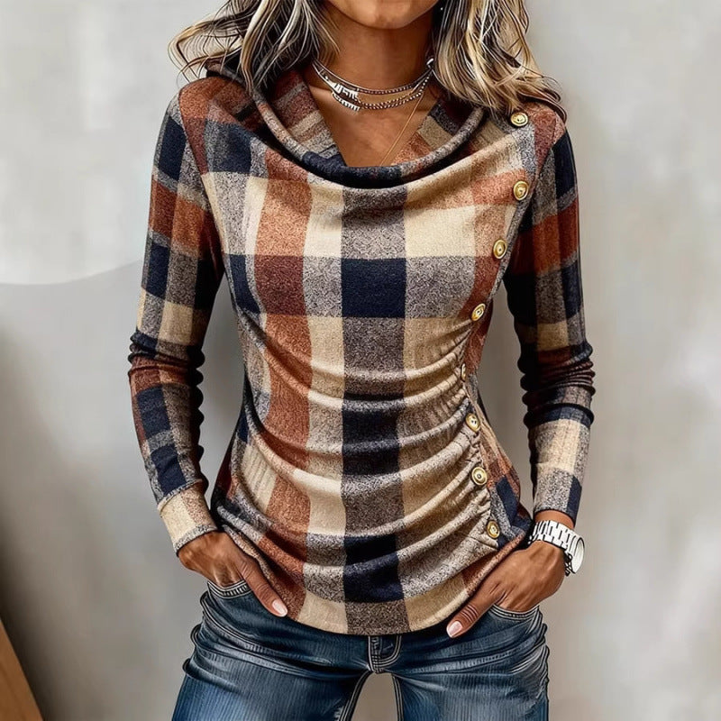 Damen Kariertes Langarm-Feinstrickshirt mit Wasserfallkragen und Zierknopfleiste Echoarchiv