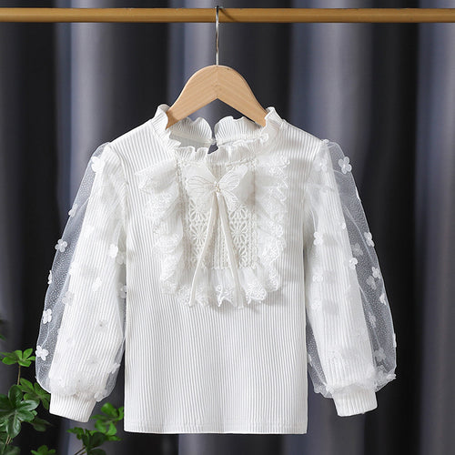 Mädchen Rüschenbluse mit floralen Applikationen und transparenten Ärmeln Echo Archiv