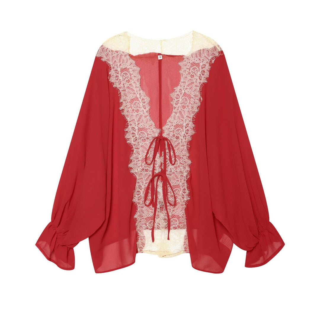 Damen Chiffonbluse mit tiefem V-Spitzeinsatz, lockeren Trompetenärmeln und Bindebändern – Élovi