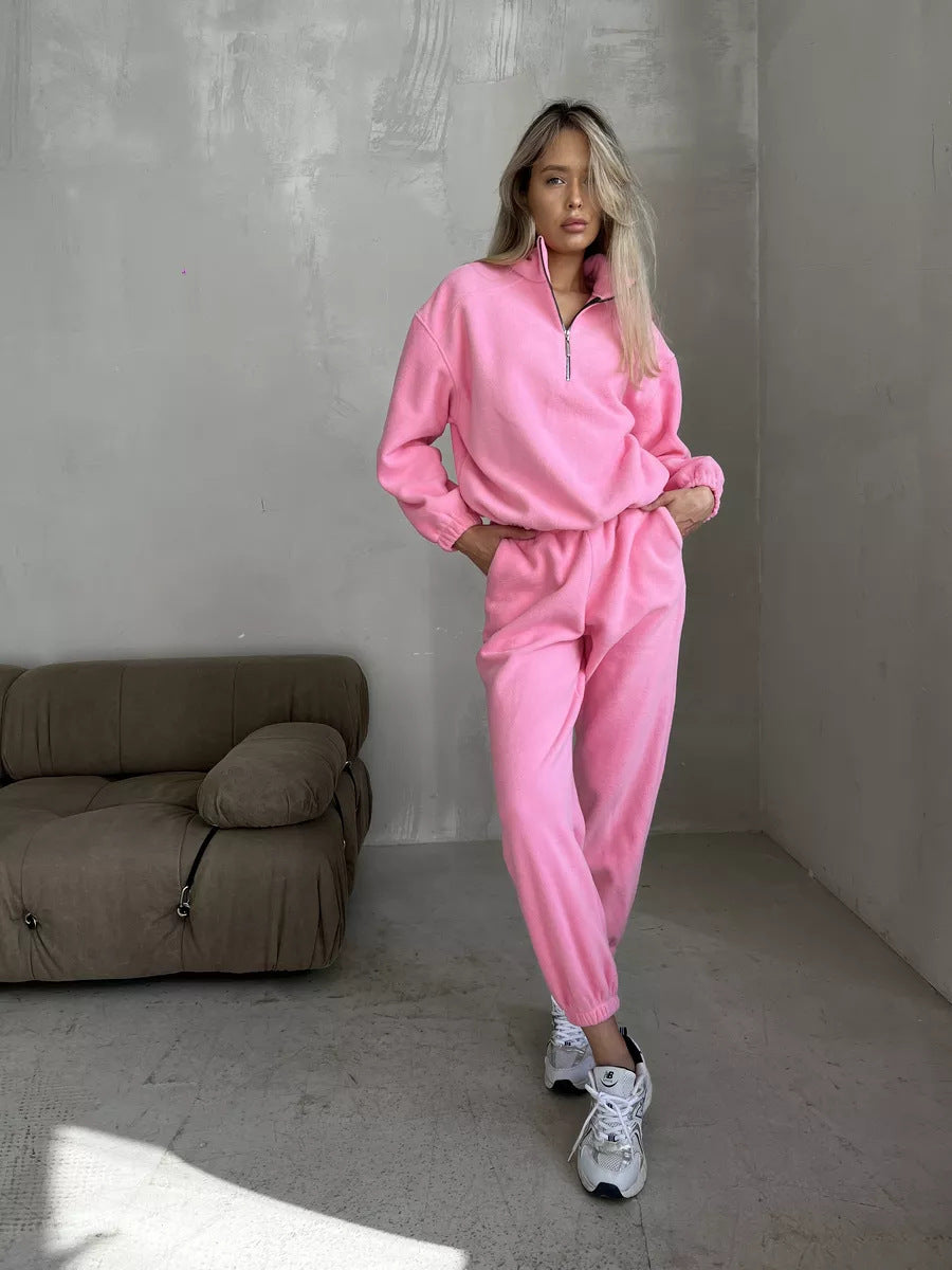 Damen lässiges Fleece-Jogginganzug Set mit Stehkragen und halbhohem Reißverschluss – Avérine