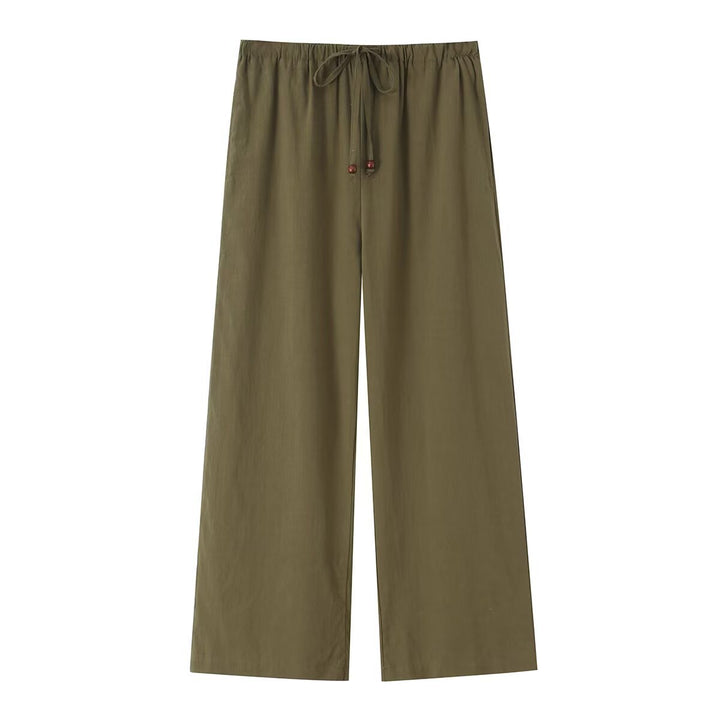 Damen Leichte weite Leinenoptik-Hose mit elastischem Tunnelzug und Holzperlen Echo Archiv
