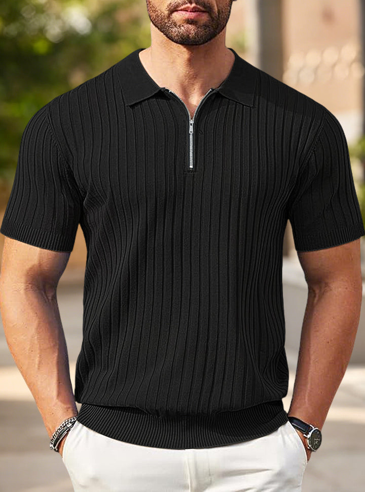 Herren nan elegantes strukturiertes Kurzarm-Strickpolo mit kurzem Metallreißverschluss und Hemdkragen Echo Archiv