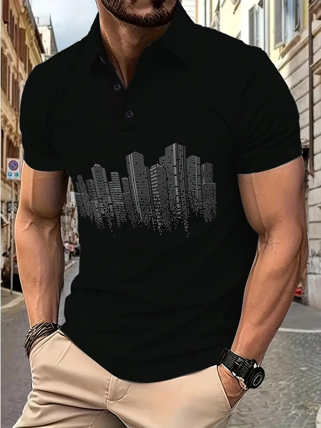 Herren Poloshirt mit kreativem Stadtmuster Echoarchiv