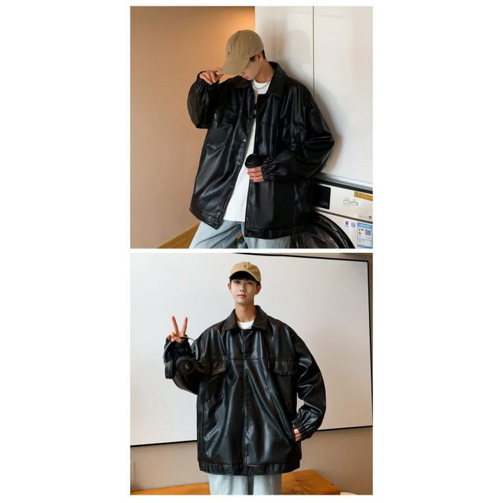 Herren Oversized PU-Leder-Shacket mit Pattentaschen und elastischen Bündchen Echoarchiv