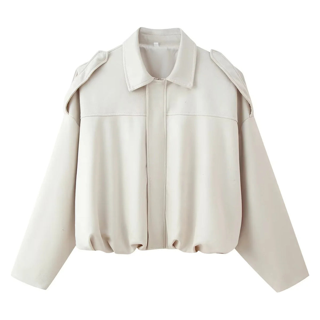Damen kurz geschnittene Oversized-Blousonjacke mit Schulterklappen, verdeckter Frontleiste und elastischem Kordelsaum – Célinea