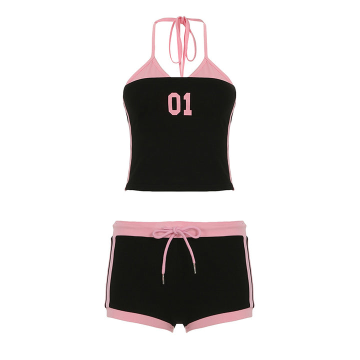 Damen sportliches Crop-Top und Shorts Set mit dekorativem Bindeband Echo Archiv