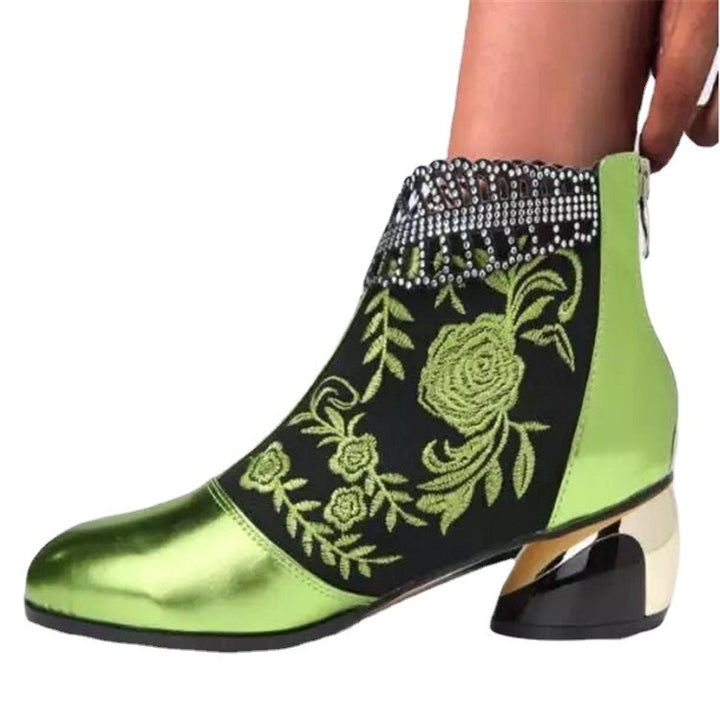 Damen nan bestickte Ankle-Boots mit Samteinsatz Perlenbesatz und skulptiertem Blockabsatz Echo Archiv