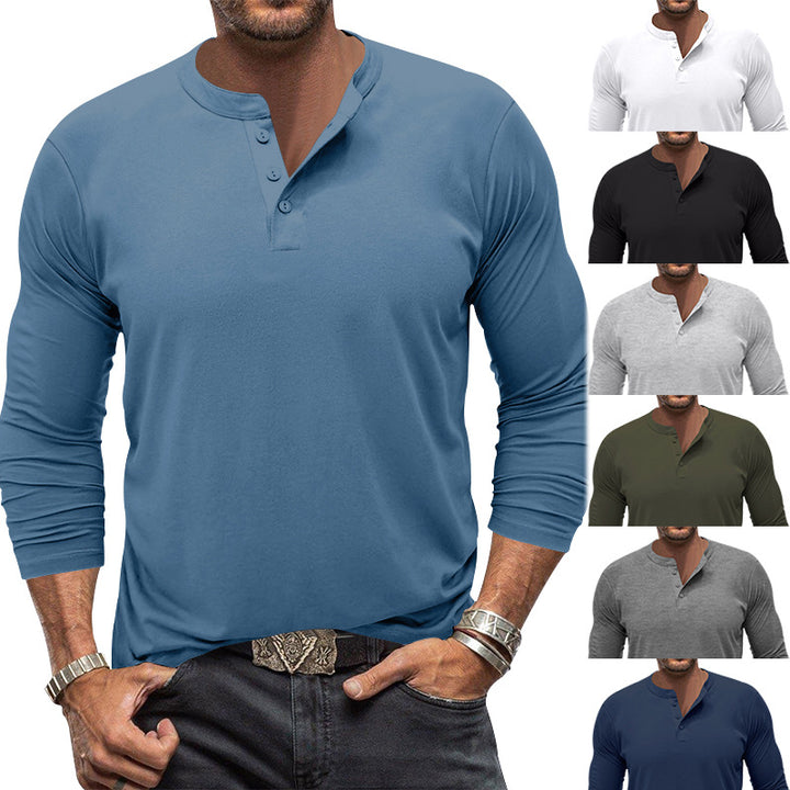 Herren modisches Langarm-Henley-Shirt mit modernem Kragen und praktischen Knopfdetails Echoarchiv