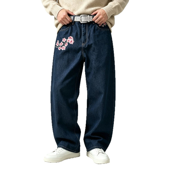 Herren Modische Weit geschnittene Denim-Hose mit Blumenstickerei Echoarchiv