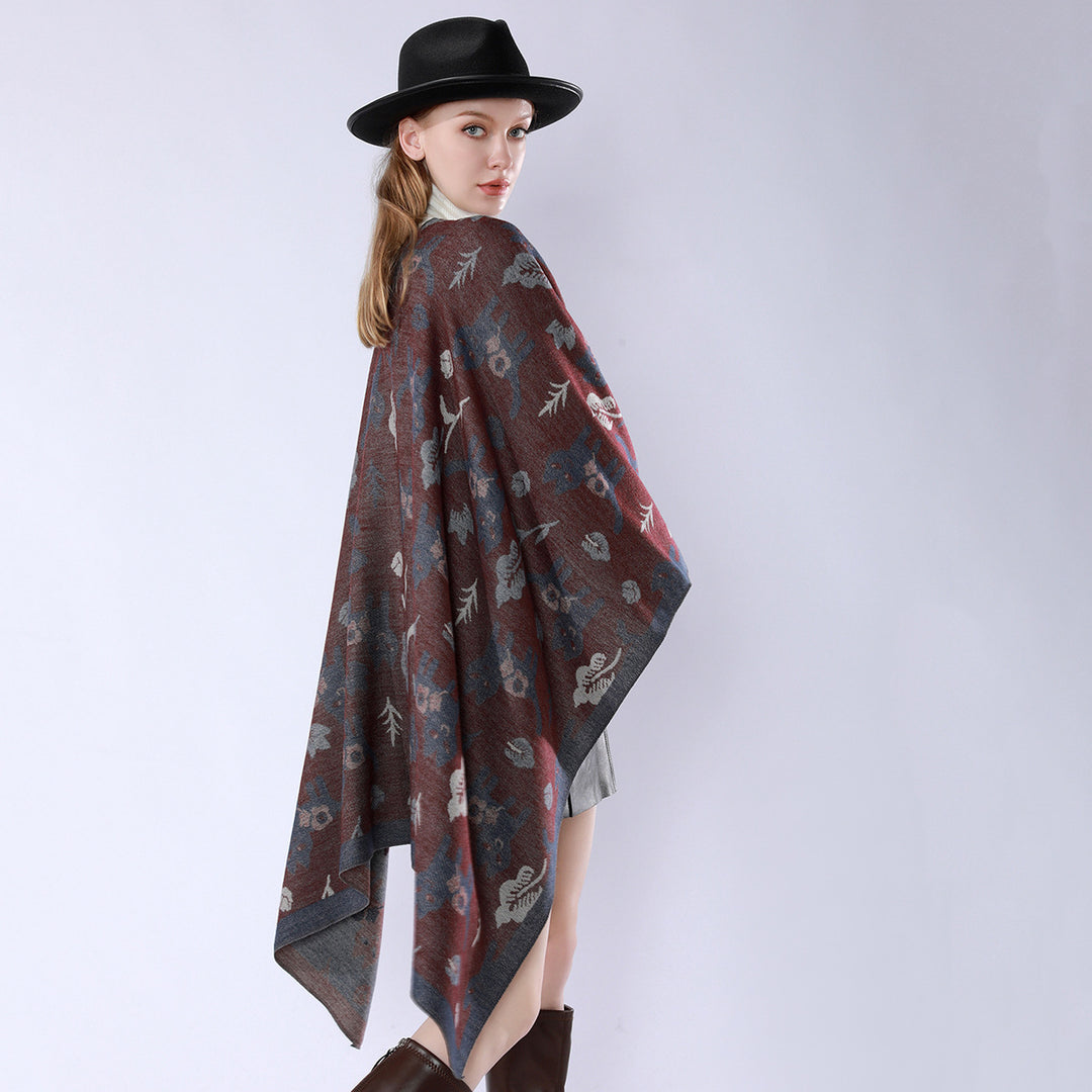 Damen Oversized Ruana im Jacquard mit Katzen- & Blumenmotiv Echo Archiv