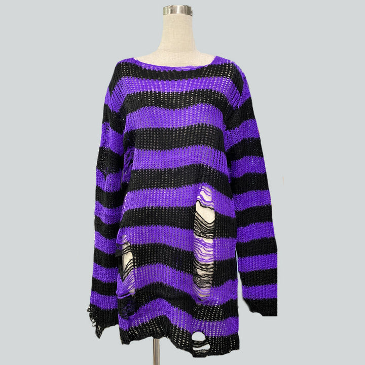 Damen nan Oversized Grobstrickpullover mit breiten Blockstreifen und aufgerissenem Design Echo Archiv