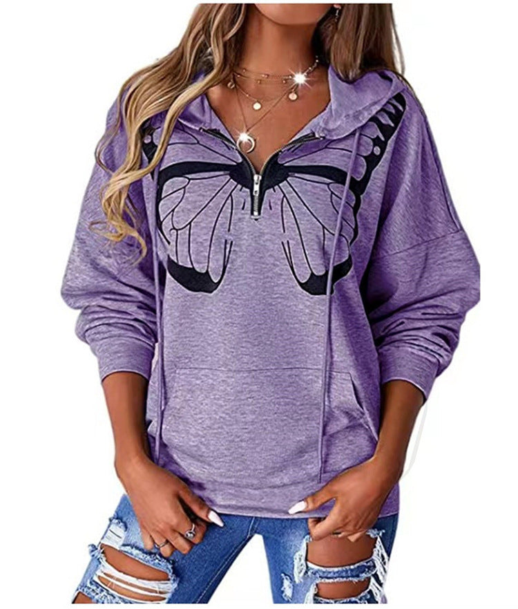 Damen Kapuzenpullover mit halbhohem Reißverschluss und Schmetterlingsprint – Auréline
