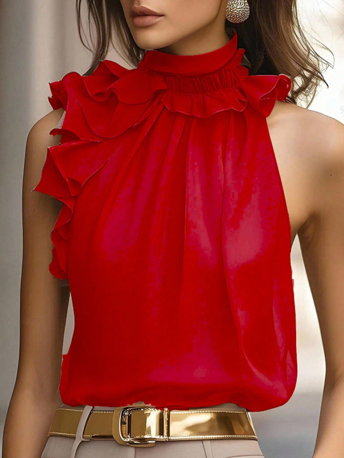 Damen Hochgeschlossenes Chiffon-Top mit Rüschenkragen und asymmetrischem Volant Echo Archiv
