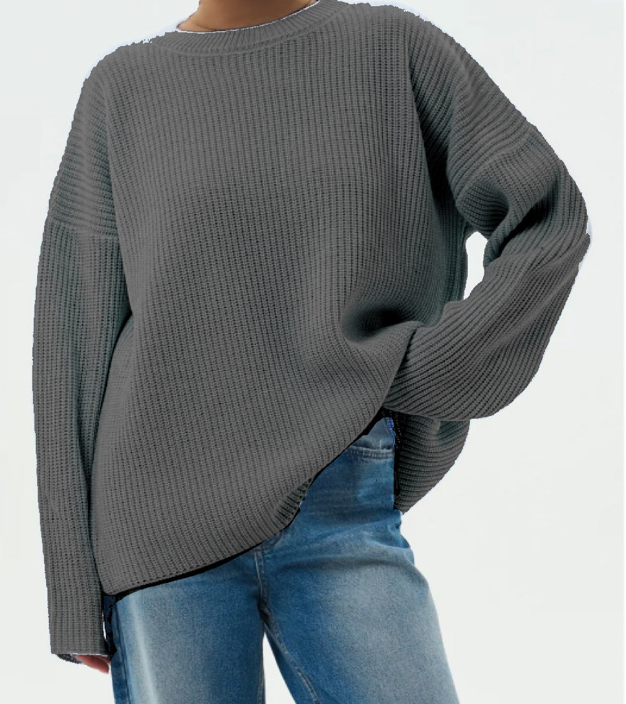 Damen Oversize Strukturstrick-Pullover mit Rundhalsausschnitt und überschnittener Schulter – Mavelle