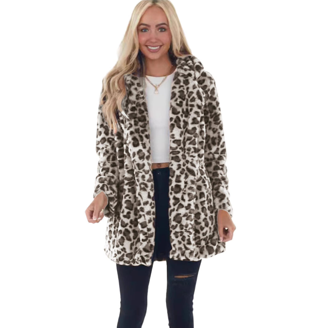 Damen Kunstfell Leopardenmuster Kapuzen Plüsch Mid-Length Mantel – Montévia