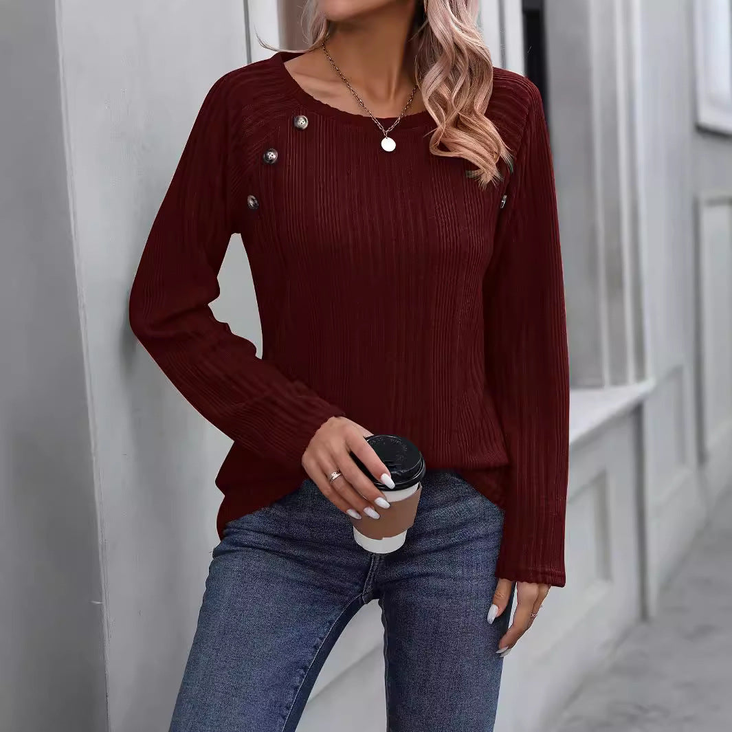 Damen Feiner Rippstrick-Pullover mit Zierknopfleiste und Rundhalsausschnitt Echoarchiv