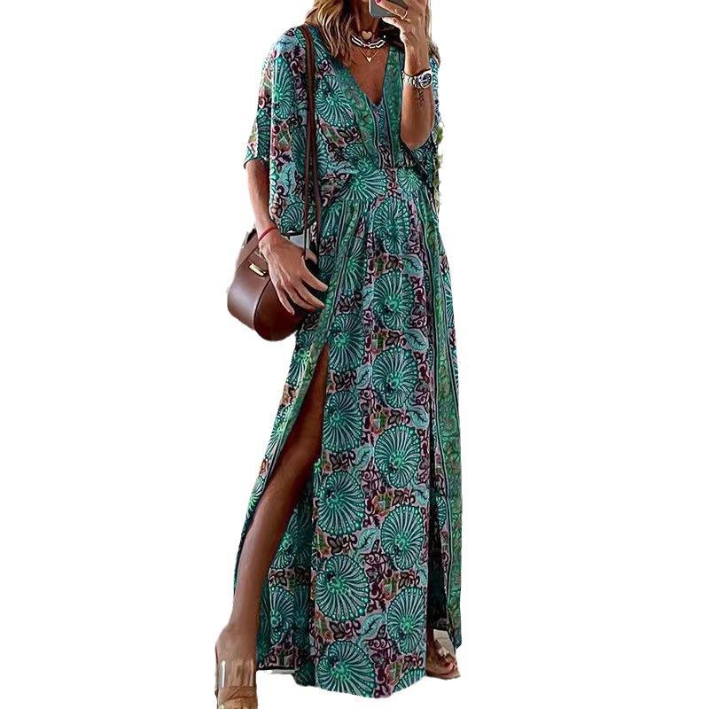Damen Maxikleid im Boho-Stil mit Wickeleffekt, V-Ausschnitt und hohem Beinschlitz Echoarchiv
