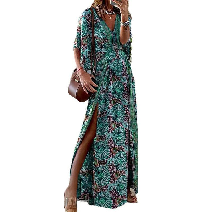 Damen Maxikleid im Boho-Stil mit Wickeleffekt, V-Ausschnitt und hohem Beinschlitz Echoarchiv