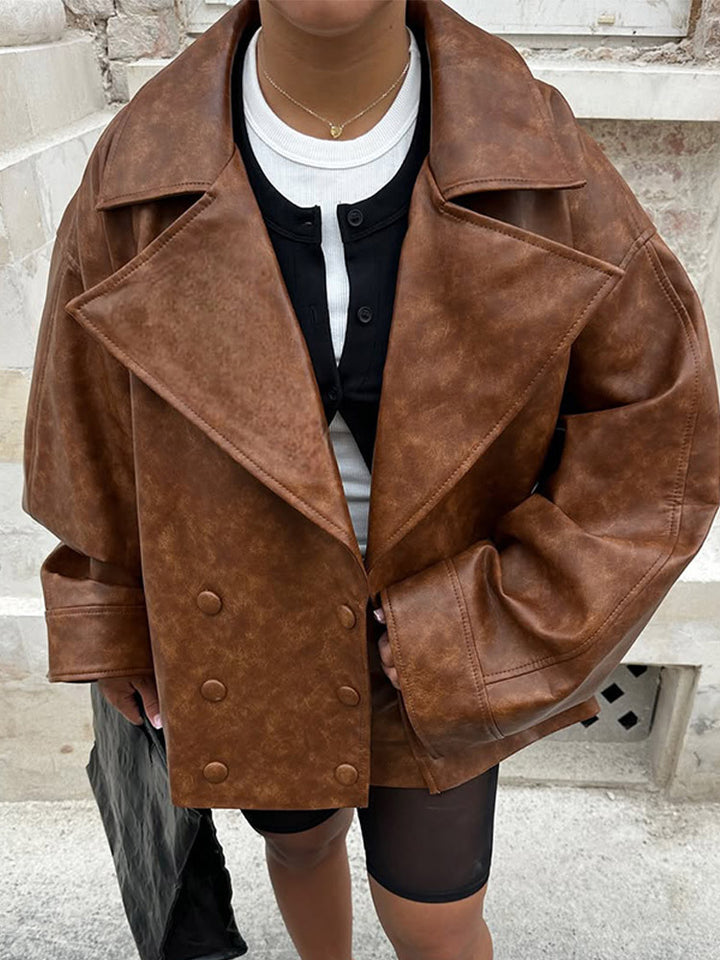 Damen Cropped-Boxy Lederimitat-Mantel mit übergroßem Revers und doppelreihiger Knopfleiste Echoarchiv