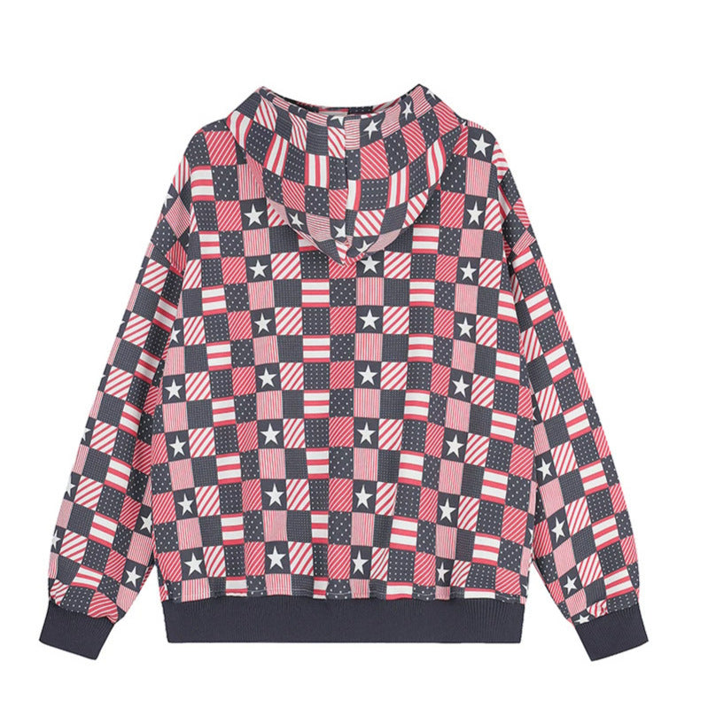 Damen Zip-Kapuzenjacke mit Allover-Patchwork-Sternen- und Streifenmuster Echoarchiv