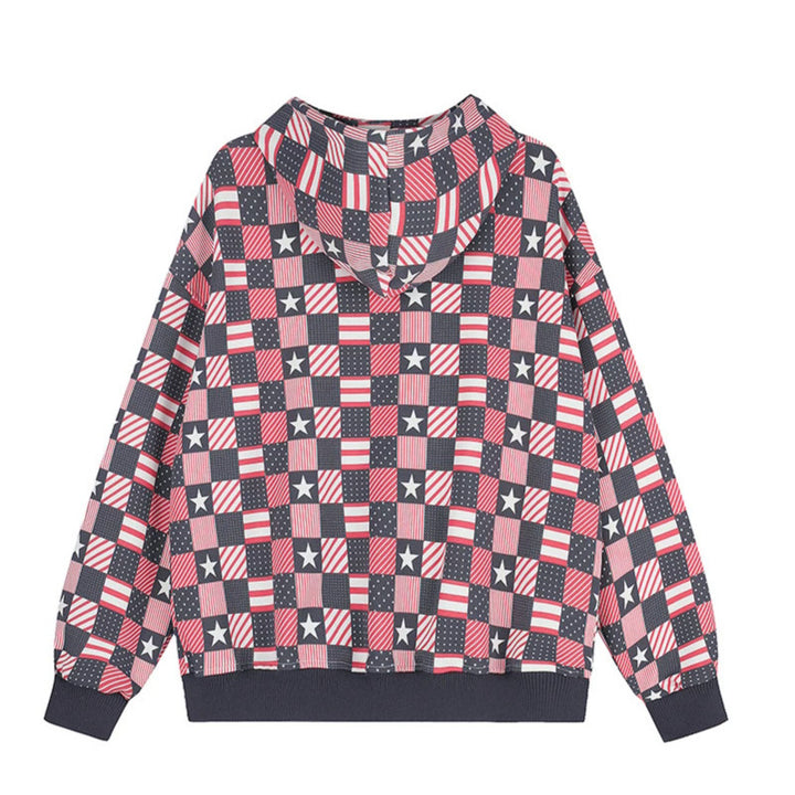 Damen Zip-Kapuzenjacke mit Allover-Patchwork-Sternen- und Streifenmuster Echoarchiv