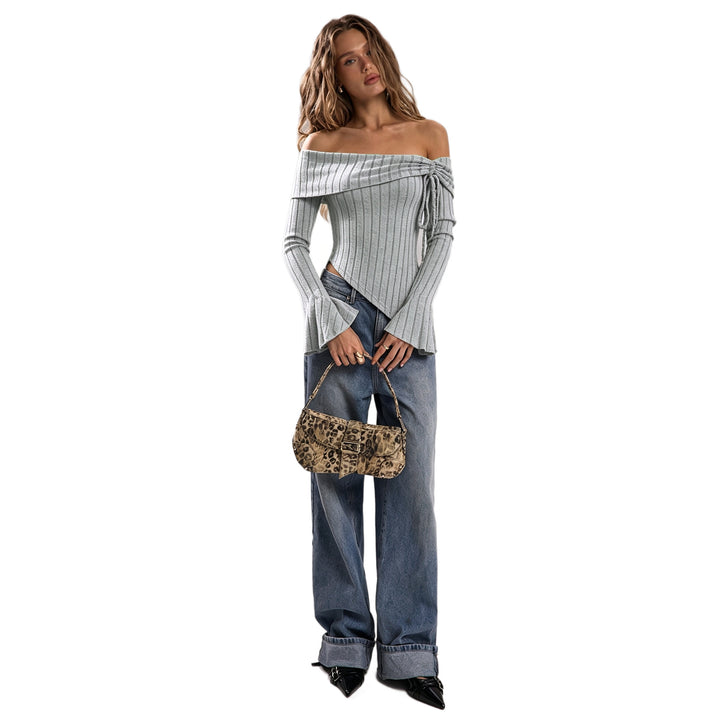 Damen schulterfreies geripptes Strick-Top mit asymmetrischem Zipfelsaum und Schnürdetail – Avérine