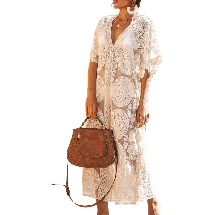 Damen Elegantes Häkel-Strandüberwurfkleid mit voluminösen Ärmeln und V-Ausschnitt Echo Archiv