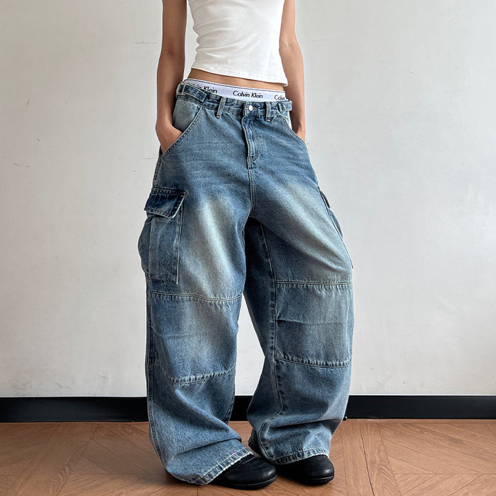 Damen Ultraweite Palazzodenim-Cargohose mit tiefem Schritt und übergroßen Klappentaschen Echo Archiv