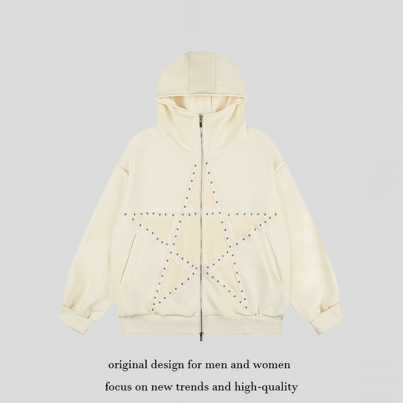 Damen Oversize Kapuzen-Zipjacke mit Nieten-Sternmotiv und hohem Kragen Echoarchiv