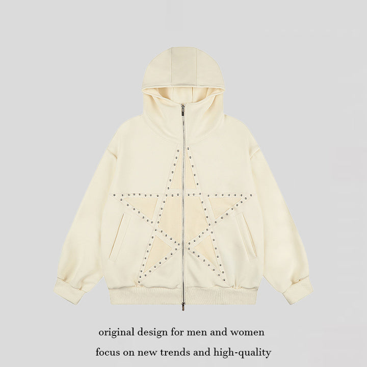 Damen Oversize Kapuzen-Zipjacke mit Nieten-Sternmotiv und hohem Kragen Echoarchiv
