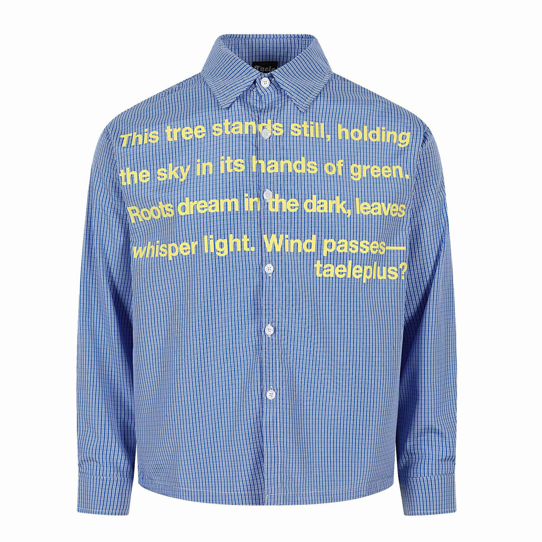 Unisex Hemdjacke mit gestreifter Seersucker‑Optik und auffälligem Typo‑Print Echoarchiv