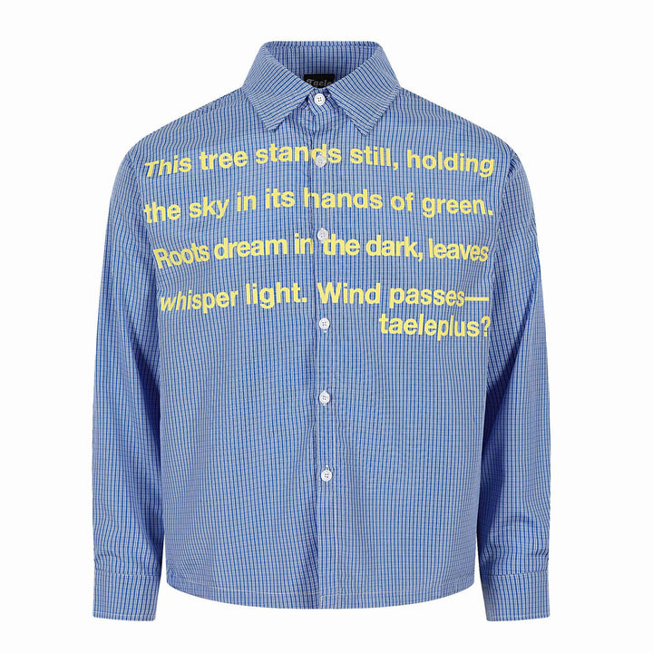 Unisex Hemdjacke mit gestreifter Seersucker‑Optik und auffälligem Typo‑Print Echoarchiv