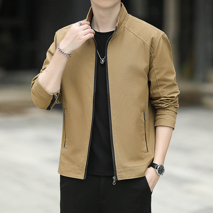Herren Minimalistische Utility-Übergangsjacke aus Baumwoll-Canvas mit Stehkragen und Reißverschlusstaschen Echoarchiv