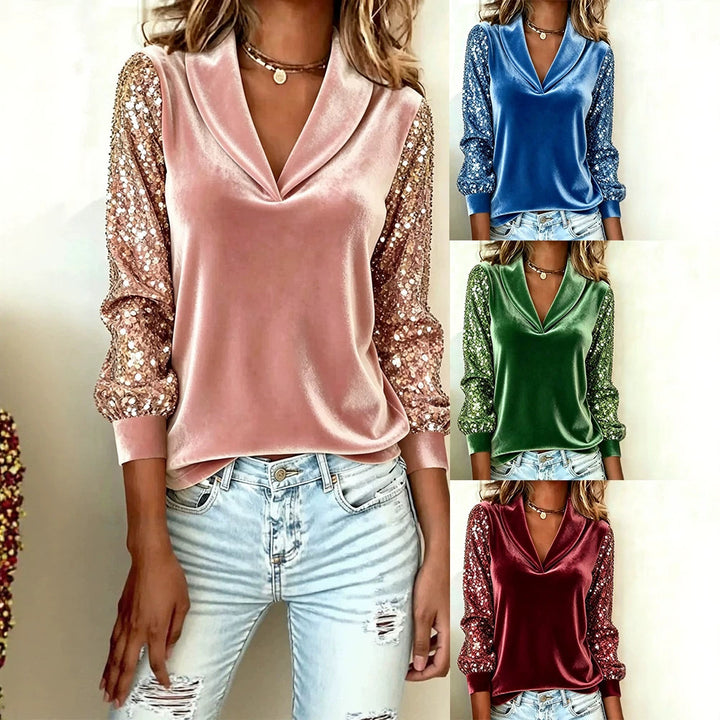 Damen Elegante Samtbluse mit Schalkragen, Paillettenärmeln und Ballonärmeln – Élovi