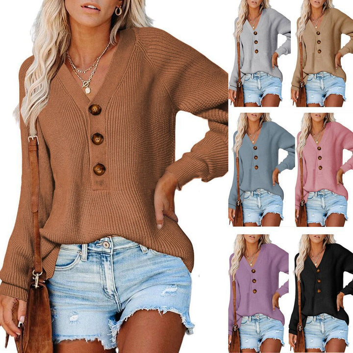 Damen Gerippter Strickpullover mit V‑Ausschnitt, Zierknopfleiste und Ballonärmeln Echoarchiv