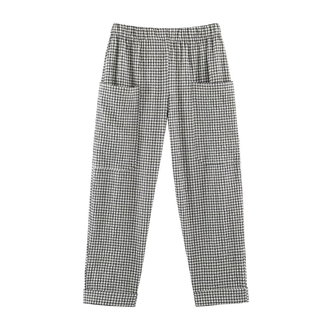Damen Leichte karierte Seersucker-Hose mit Gummibund, aufgesetzten Taschen und schmal zulaufendem Bein Echo Archiv