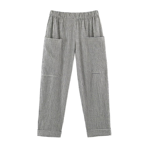 Damen Leichte karierte Seersucker-Hose mit Gummibund, aufgesetzten Taschen und schmal zulaufendem Bein Echo Archiv