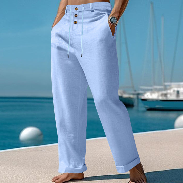 Herren elegante Leinenhose mit verstellbarem Kordelzug und Knopfdetails Echoarchiv