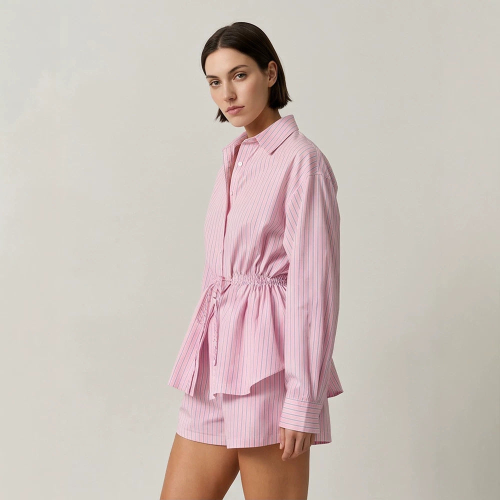 Damen Gestreiftes Loungewear-Set aus Leichtbaumwolle mit Kordel-Taille & Shorts Echoarchiv