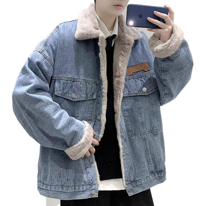 Herren Gefütterte Oversized Denimjacke mit Teddyfutter und Pattentaschen Echoarchiv