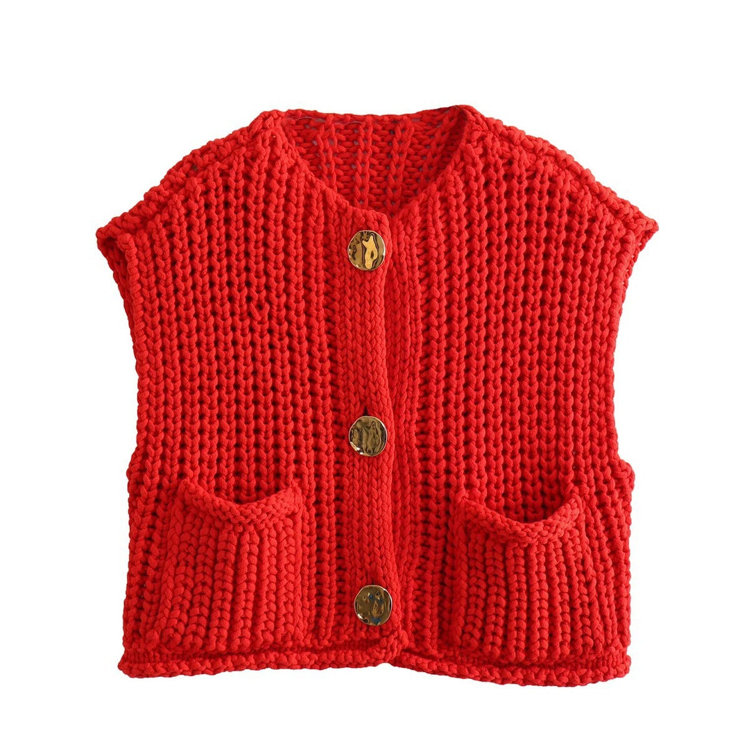 Damen Kurzgeschnittene Ärmellose Strickweste mit V-Ausschnitt und Zierknöpfen – Veloura