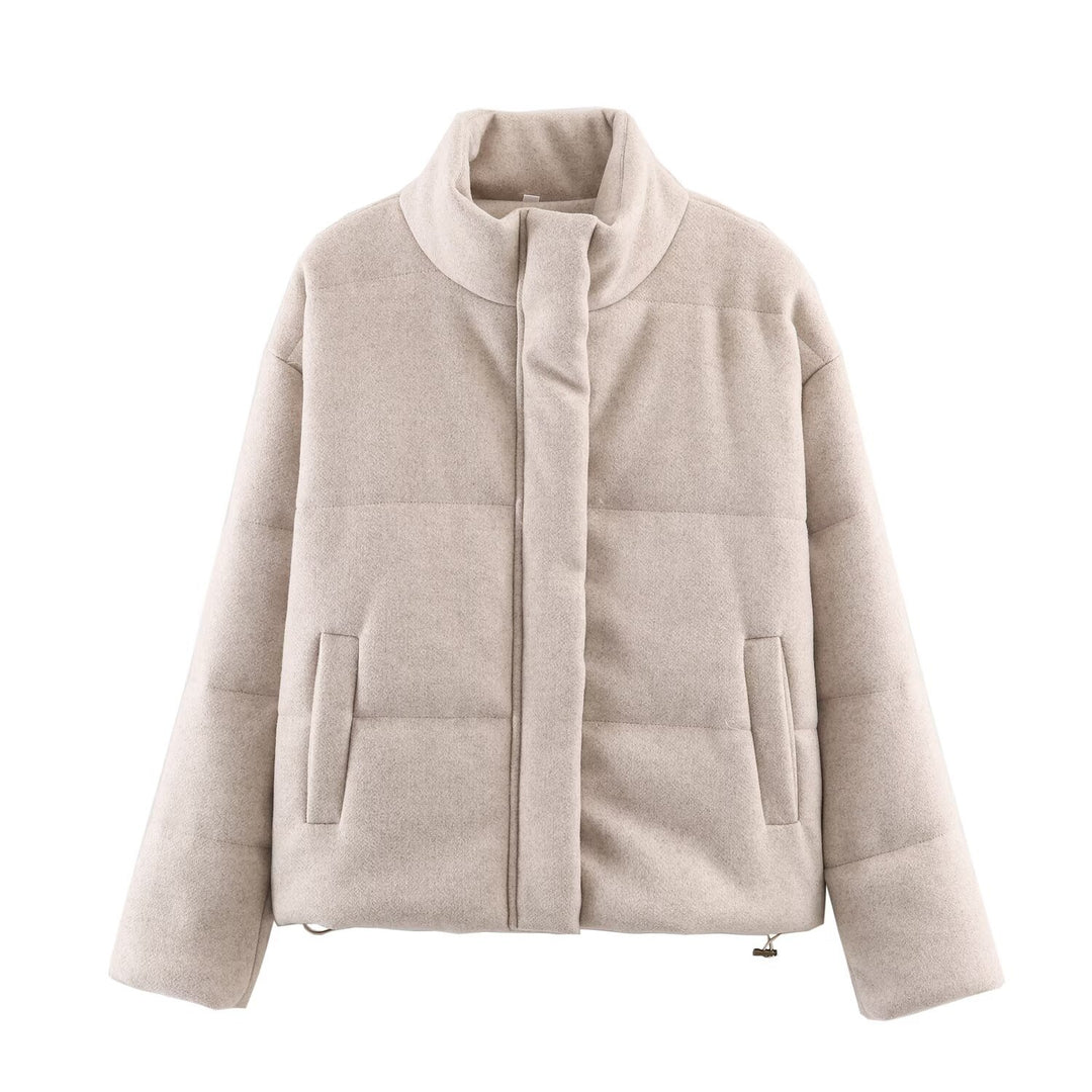 Damen Kurze wattierte Wollmix-Übergangsjacke mit hohem Stehkragen und verdeckter Druckknopfleiste Echoarchiv