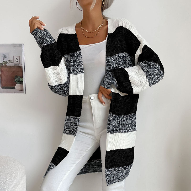 Damen Langer Oversize-Strickcardigan mit Blockstreifen und offener Front – Veloura