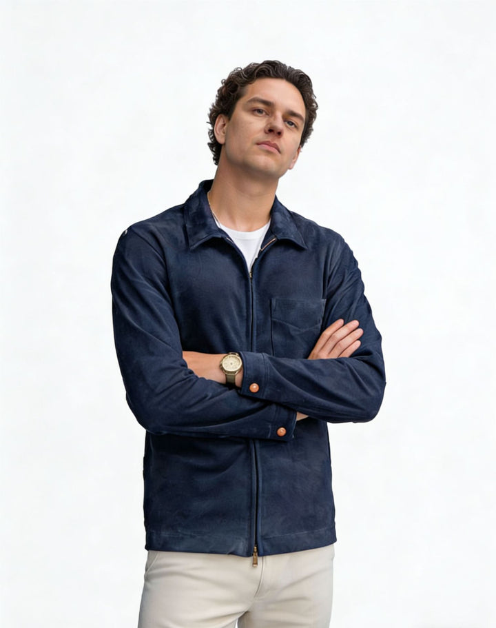 Herren Velourslederjacke mit Reißverschluss und Hemdkragen Echoarchiv