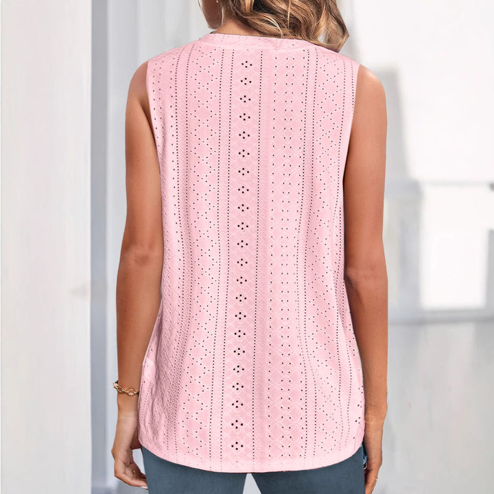 Damen nan ärmelloses Broderie-Anglaise-Top mit V-Ausschnitt und dekorativer Zierknopfleiste Echo Archiv