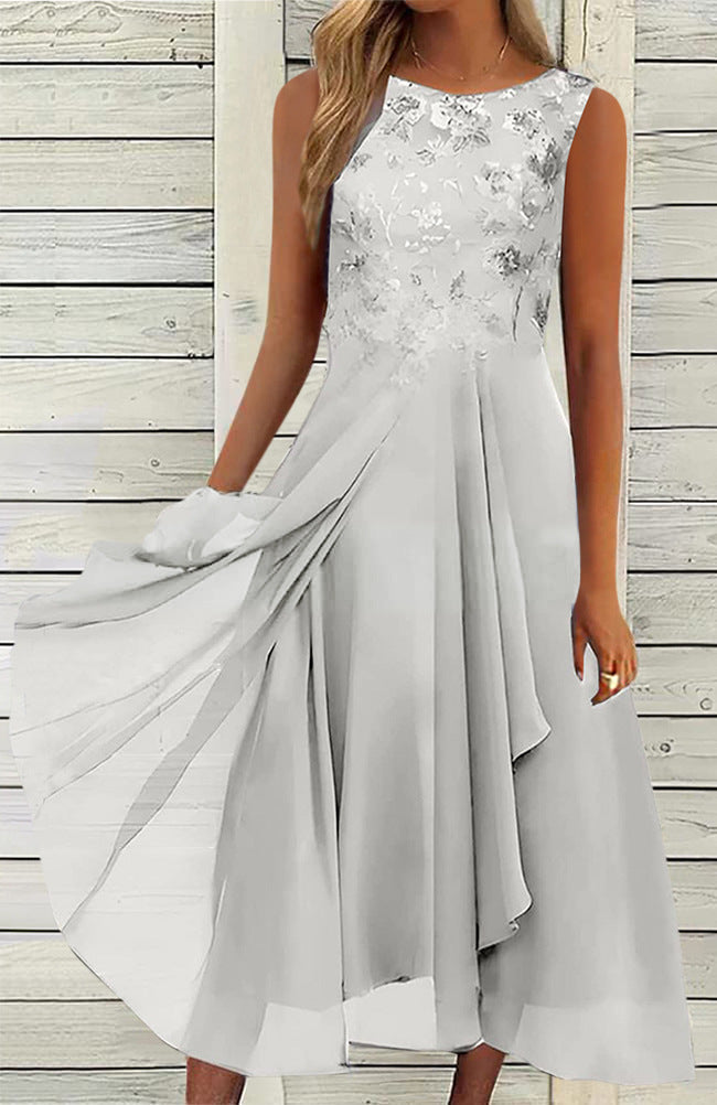 Damen nan ärmelloses Chiffon-Midikleid mit bestickter Brustpartie und asymmetrischem Lagenrock Echoarchiv
