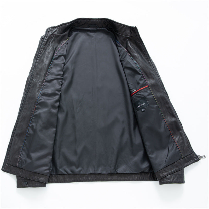 Herren Schmale Blouson-Lederjacke mit Stehkragen und verdecktem Reißverschluss – Valtoré