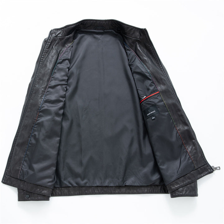Herren Schmale Blouson-Lederjacke mit Stehkragen und verdecktem Reißverschluss – Valtoré