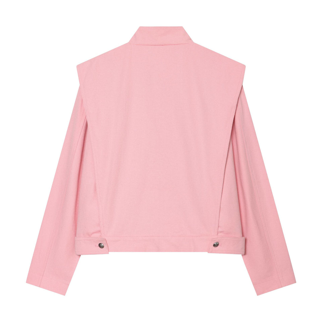 Damen kurz geschnittene Stehkragen‑Jacke mit asymmetrischer Druckknopfblende und Cape‑Schulter – Célinea
